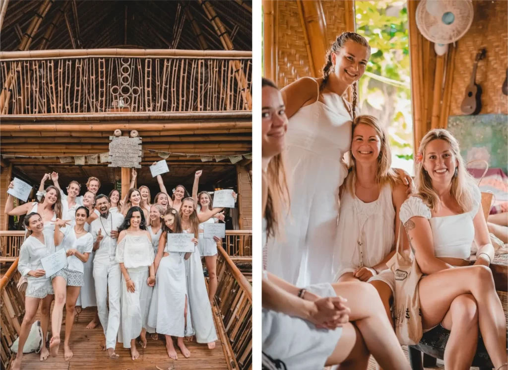 Collage of two photos: Left – group of Yoga Teacher Training graduates in white clothing holding certificates on the bamboo shala steps; Right – smiling graduates in white dresses sitting together inside the bamboo shala at Power of Now Oasis in Sanur, Bali