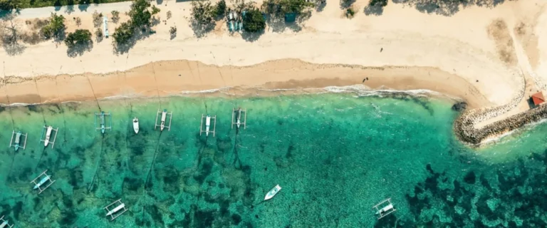 Drone view of Sanur Beach, Bali – coastline near Sanur yoga retreat