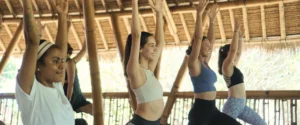 Group of women practicing yoga with arms raised in the bamboo shala at Power of Now Oasis, Sanur, Bali