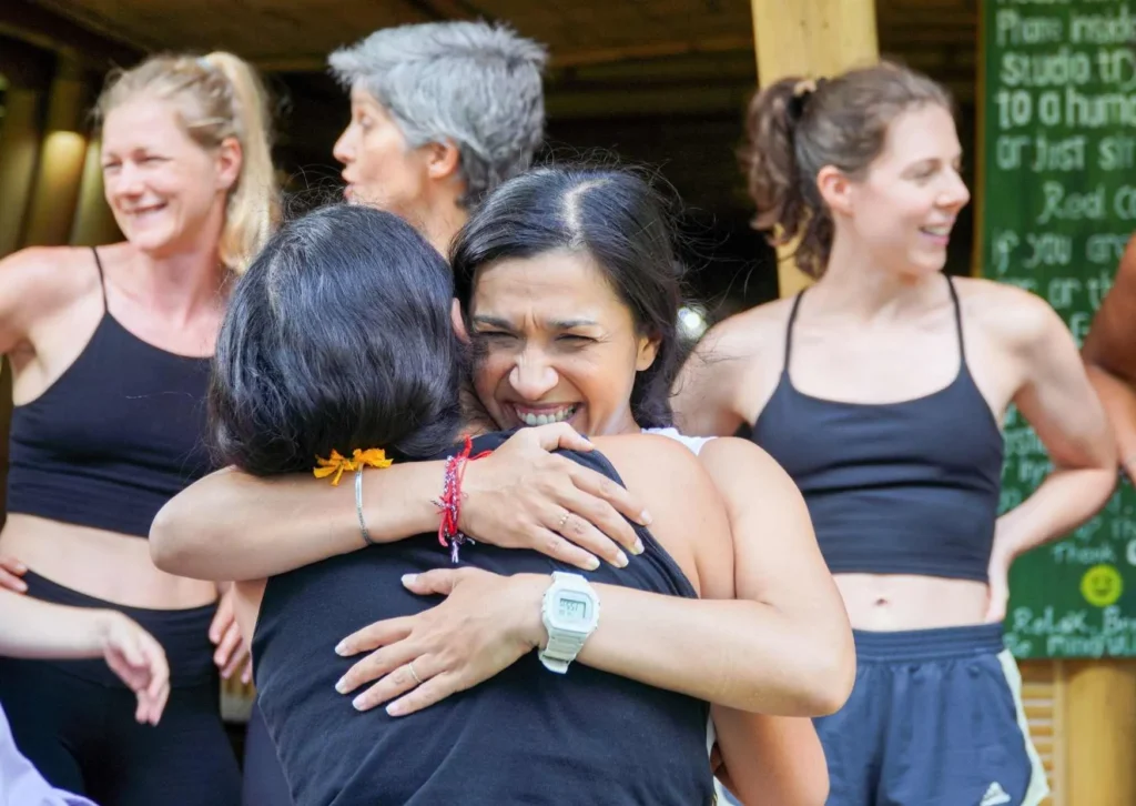 Bali YTT preparation – yoga student sharing an emotional hug with Sheryl after practice