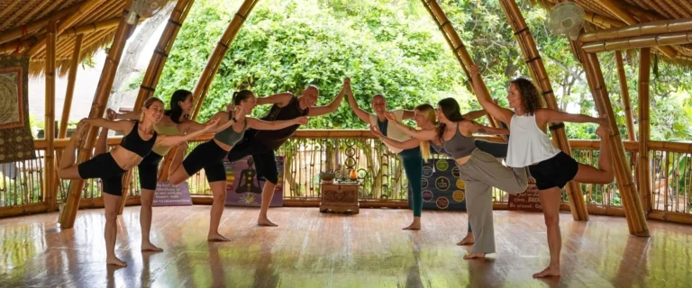 Home 6 Hatha and Vinyasa yoga class, partner balance at Power of Now Oasis, Bali. Group of yoga students practicing partner balance poses in a bamboo shala in Bali