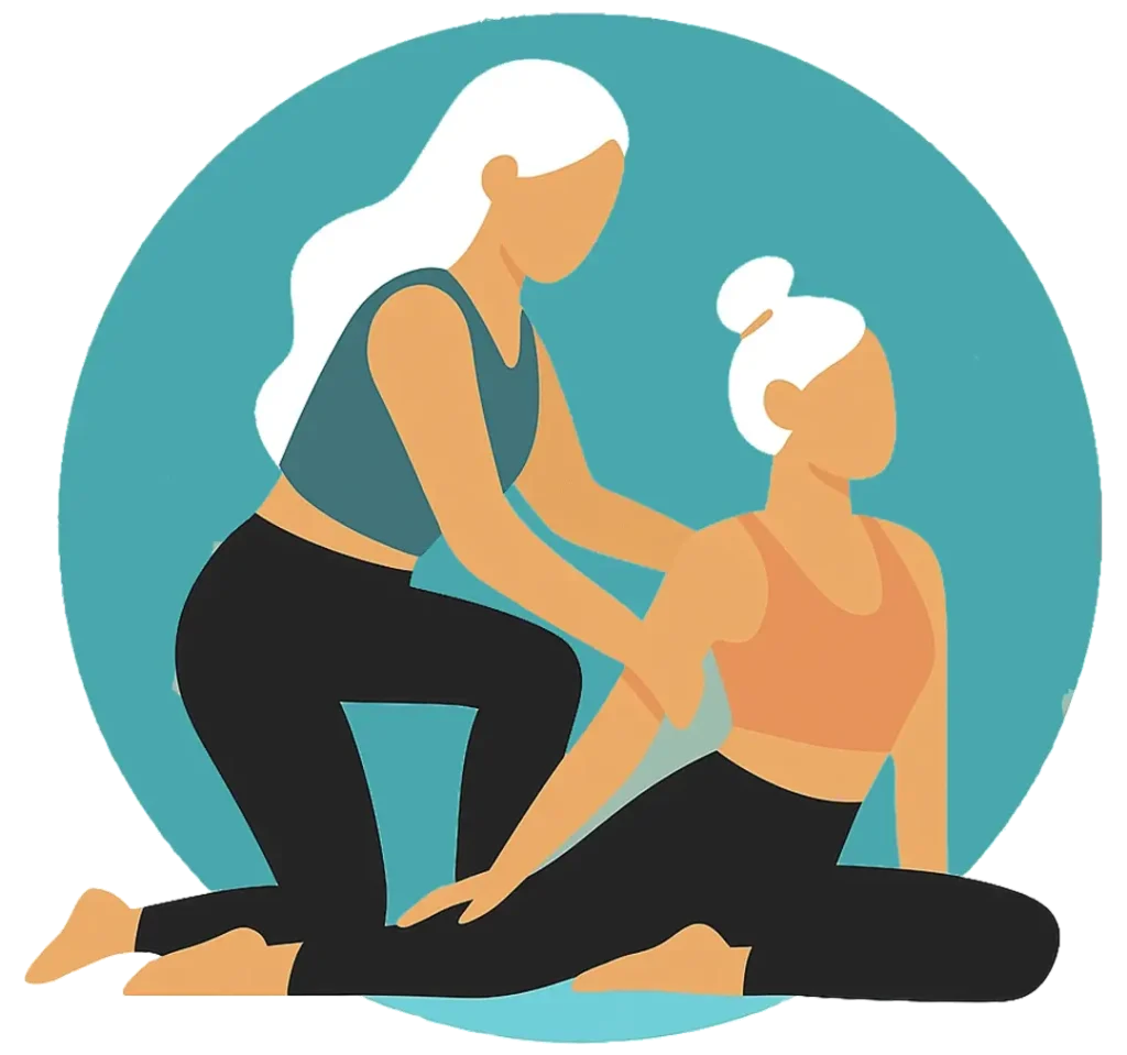 Illustration of a yoga teacher assisting a student in a seated twist pose during asana practice