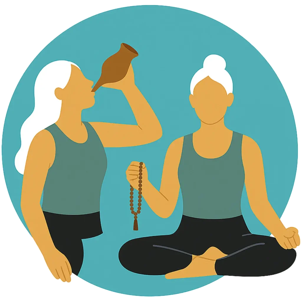 Illustration of two women practicing kriyas and japa meditation with water vessel and mala beads