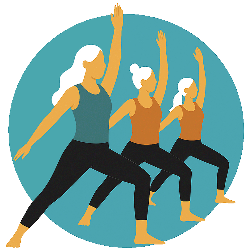 Illustration of a yoga teacher demonstrating a standing pose with two students following along in class