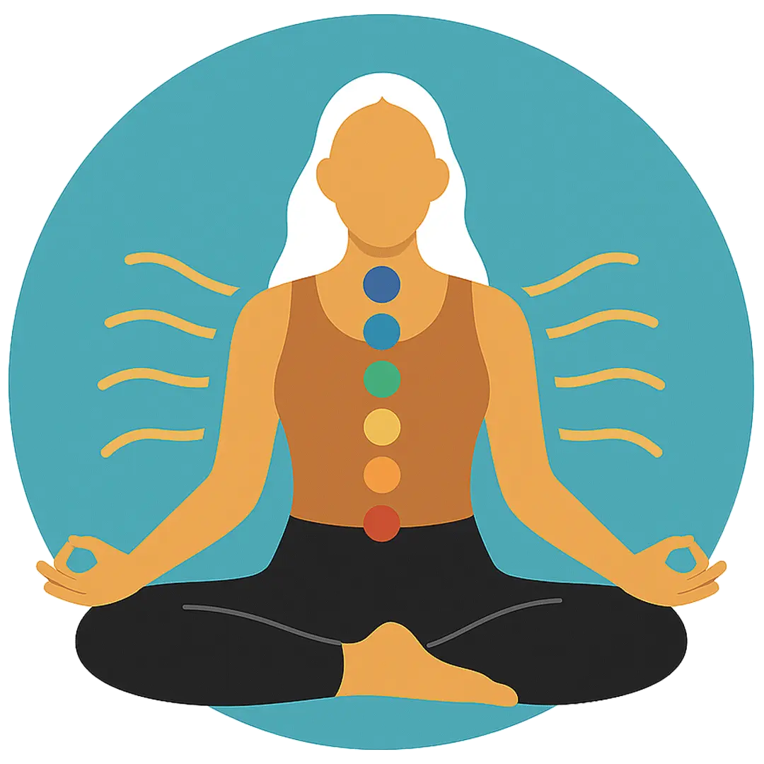 Illustration of a woman meditating with chakra symbols representing subtle body anatomy