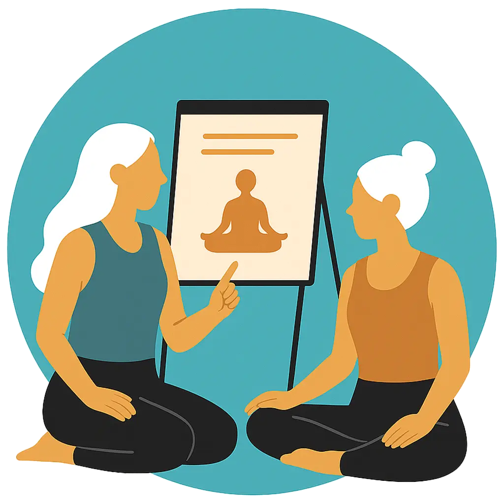 Illustration of a yoga teacher explaining sequencing to a student using a chart