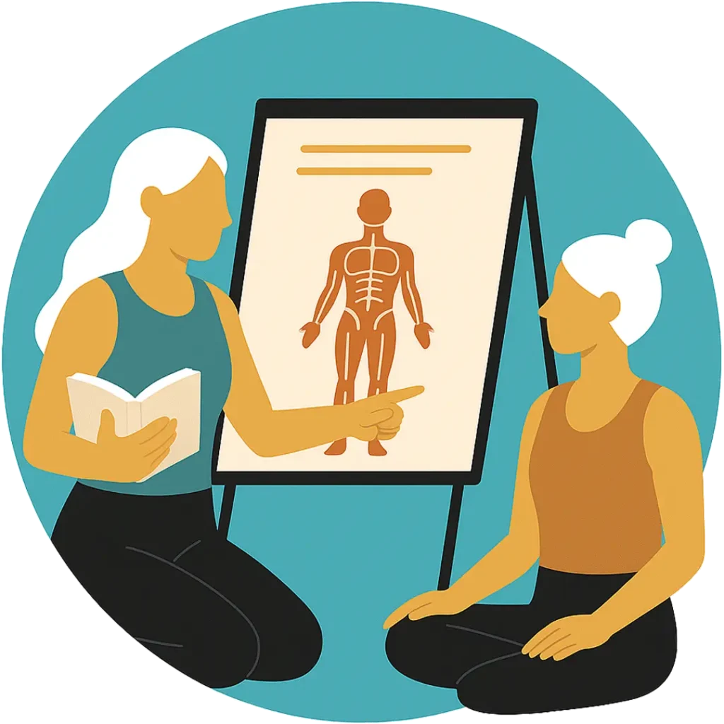 Illustration of a yoga teacher explaining human anatomy on a model chart to a student