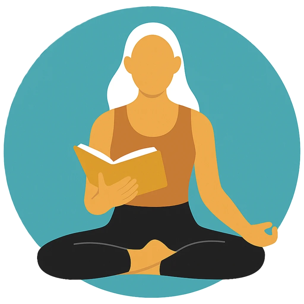 Illustration of a woman in lotus pose reading a yoga philosophy book